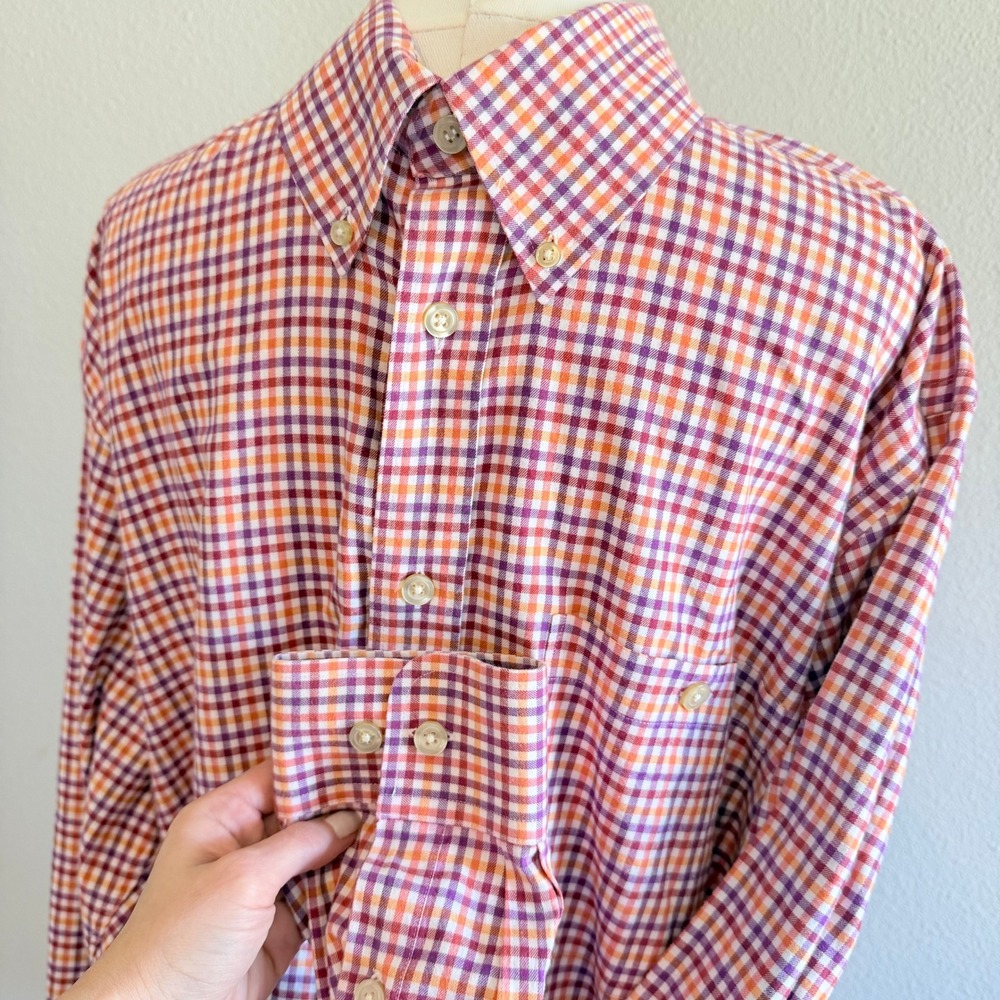 Orvis Mens Large Cotton Gingham Check Button Down Shirt Purple Orange Plaid L - Picture 2 of 6